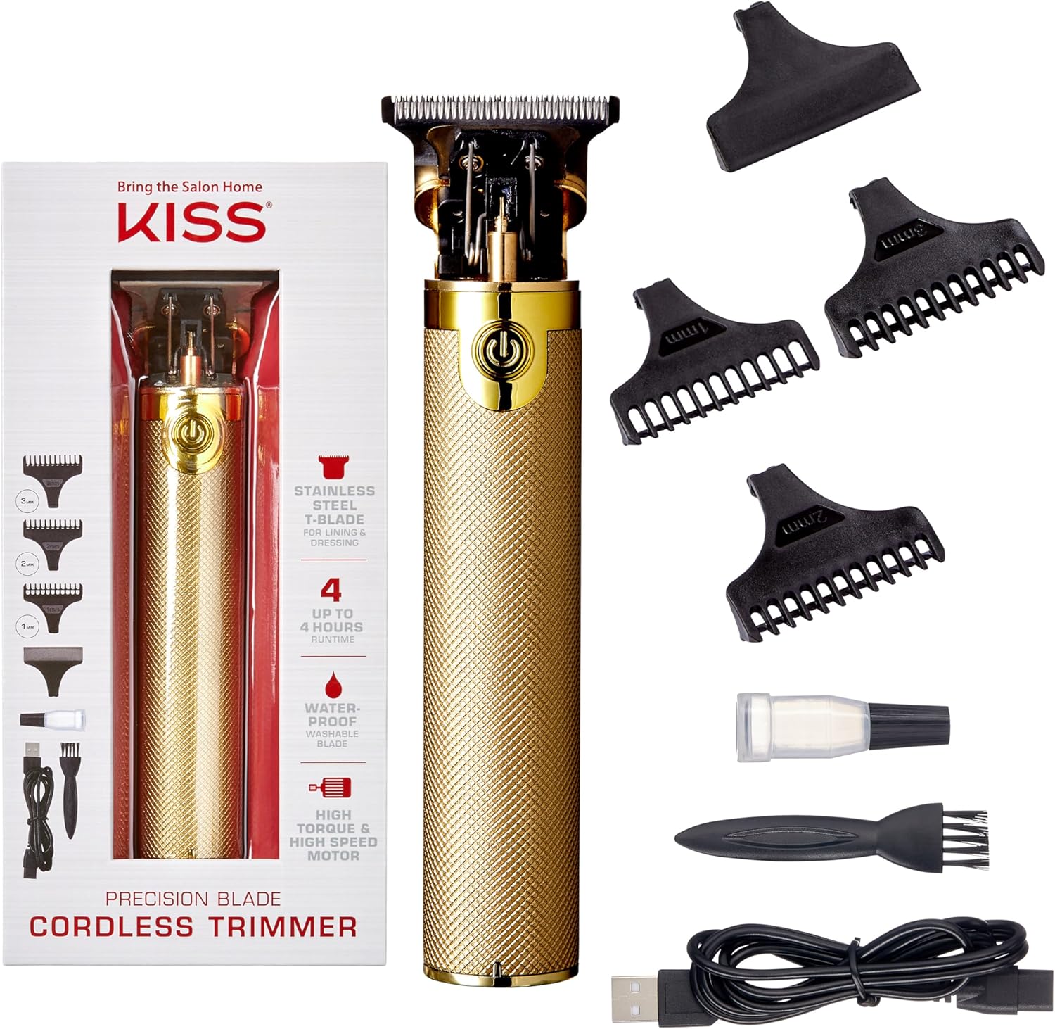 KISS Precision Blade Cordless Trimmer front view showing the gold textured body and stainless steel T-blade.