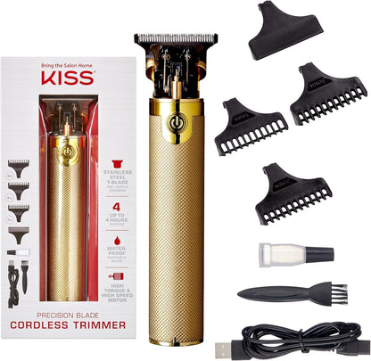 KISS Precision Blade Cordless Trimmer front view showing the gold textured body and stainless steel T-blade.