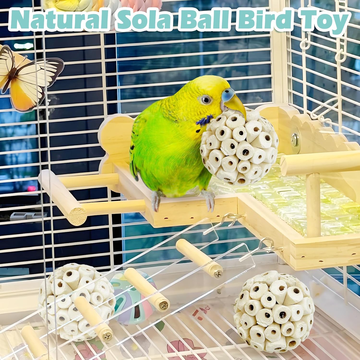 PINVNBY non toxic chewable bird balls for lovebirds and small pets close up view.