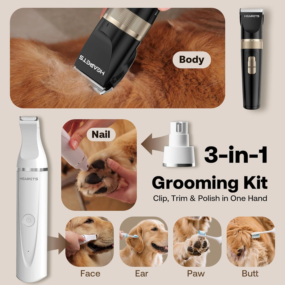 Heapets rechargeable cordless pet hair trimmer with interchangeable heads