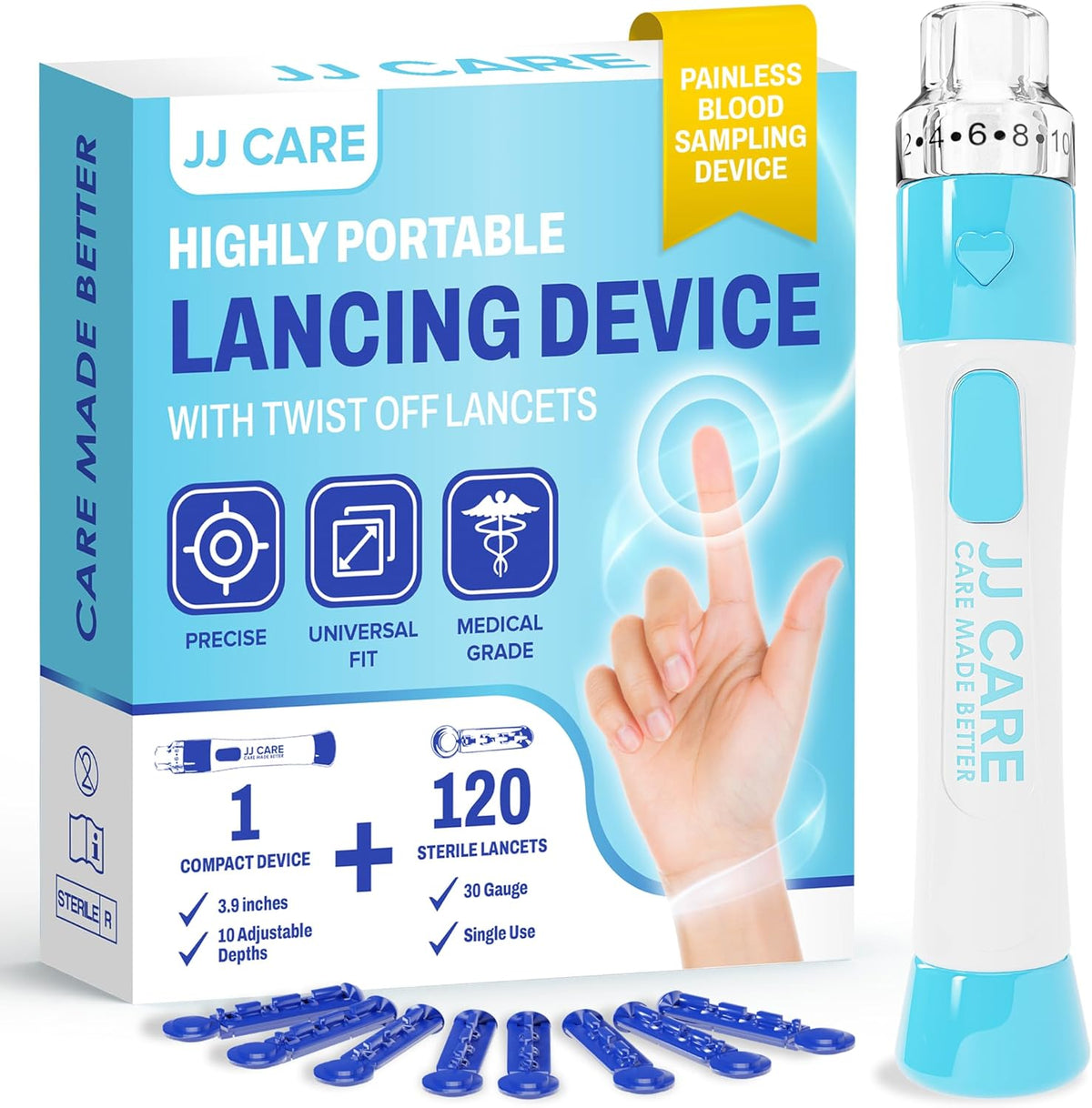 JJ CARE lancing device with 120 pieces twist off lancets front view pack for blood glucose testing