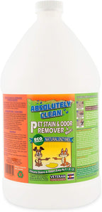 Absolutely Clean pet cleaning solution bottle on carpet surface