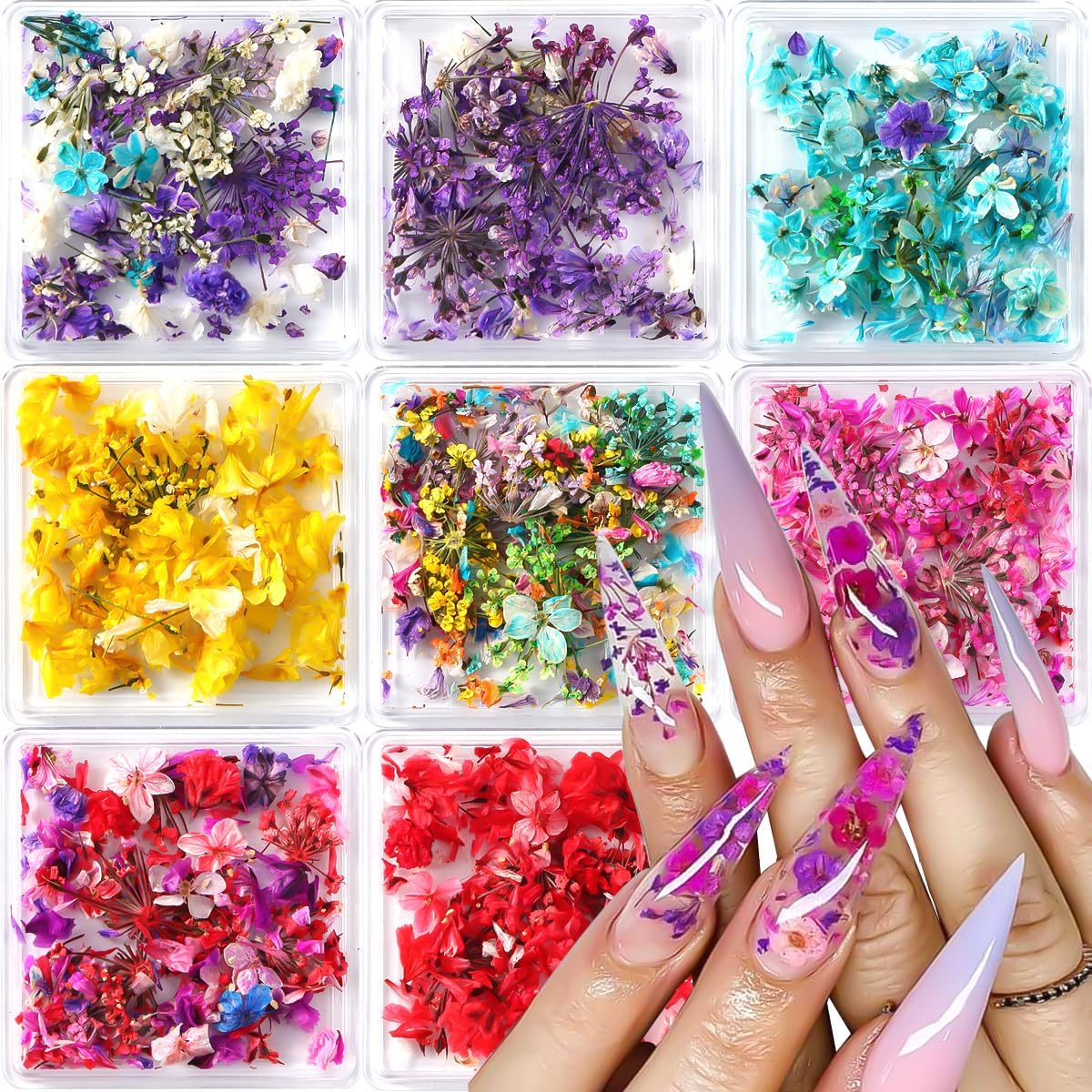 Set of 8 boxes of colorful real natural dried flowers for nail art