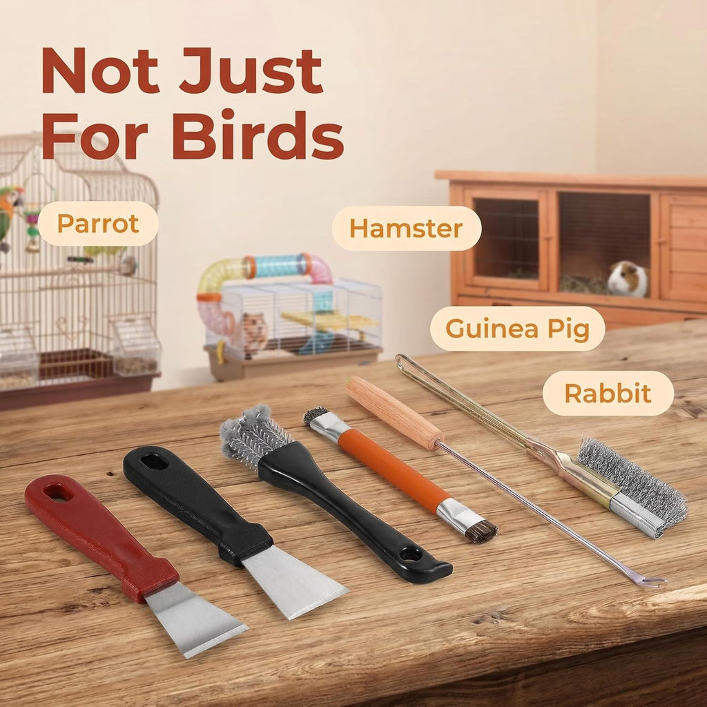 Multi-size small animal cage cleaning tools set arranged neatly.