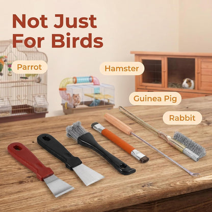 Multi-size small animal cage cleaning tools set arranged neatly.