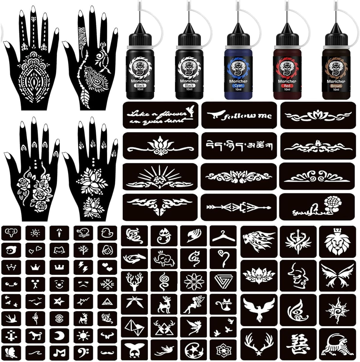 Moricher Henna Tattoo Kit with five ink cones and stencils front view