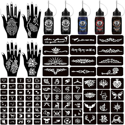 Moricher Henna Tattoo Kit with five ink cones and stencils front view