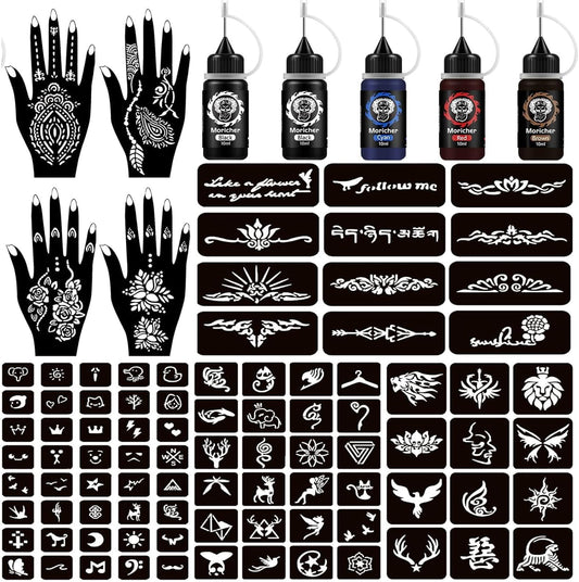 Moricher Henna Tattoo Kit with five ink cones and stencils front view
