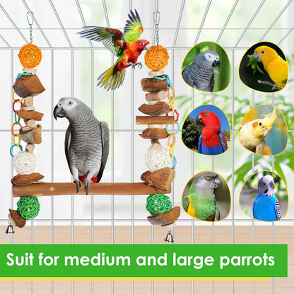 Interactive large parrot chewing toy crafted from edible coconut fiber and organic wood components.