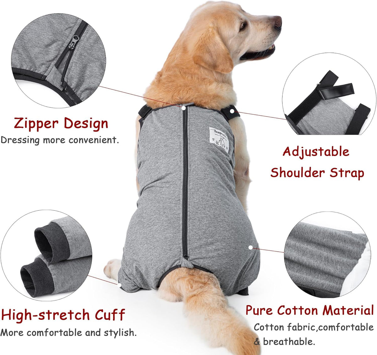 Premium cotton dog surgical suit alternative to cone collars for large breeds.