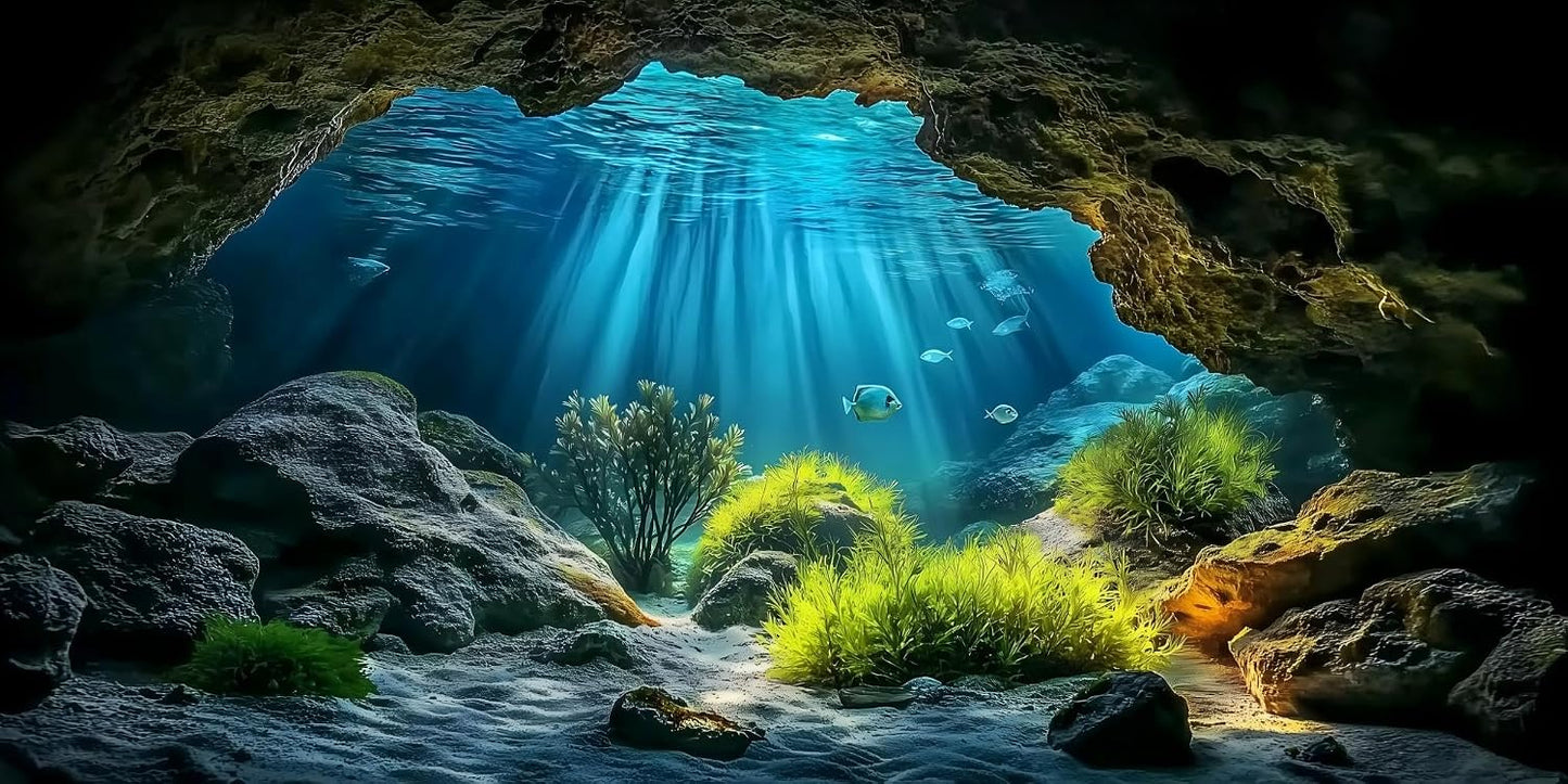 Generic underwater cave aquarium background front view highlighting sunburst rays on fish tank landscape.