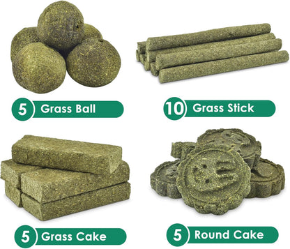 High fiber animal treats by ERKOON showing nutritional details and organic grass content