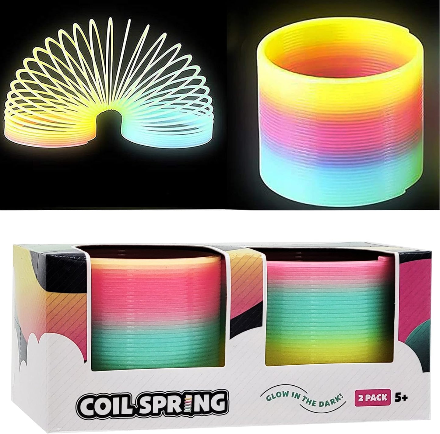 The Dreidel Company plastic coil spring front view showing the vibrant rainbow colors in daylight.