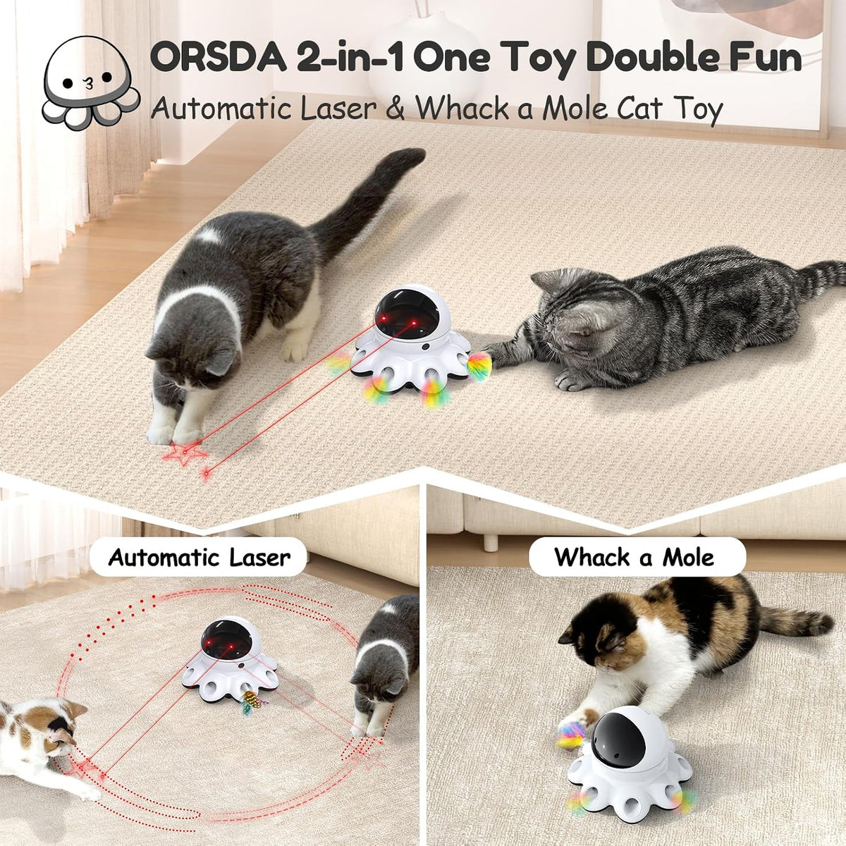 ORSDA automatic kitten motion activated moving feather game with pop up feathers extended.