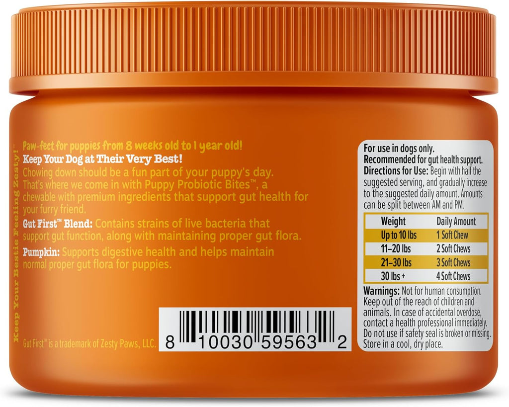 Open jar of Zesty Paws puppy probiotic bites showcasing the soft chews