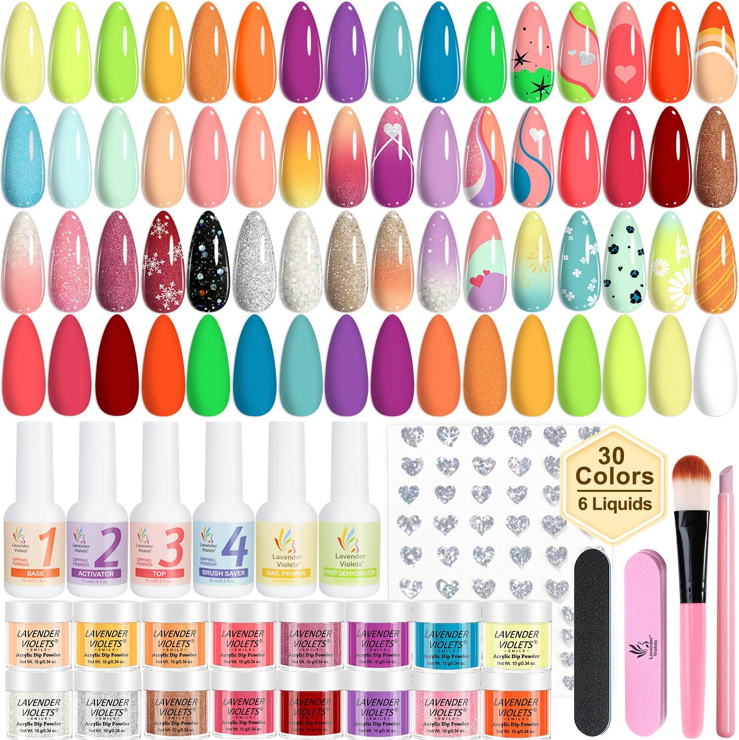 Lavender Violets 94 piece dip powder nail kit with 30 neon colors and tools