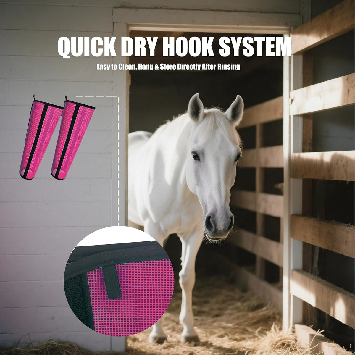 Pink mesh horse fly boots being hosed down for quick cleaning and maintenance.