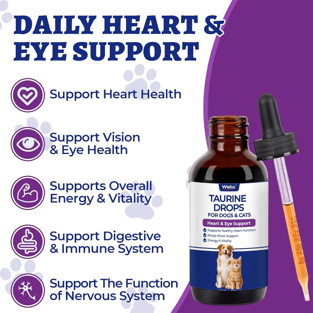 Graduated dropper of Wellix taurine drops showcasing easy dosage measurement for cats and dogs.