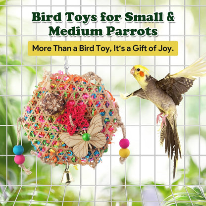 Hexagon shaped bird chewing toy with colorful crinkle paper shreds