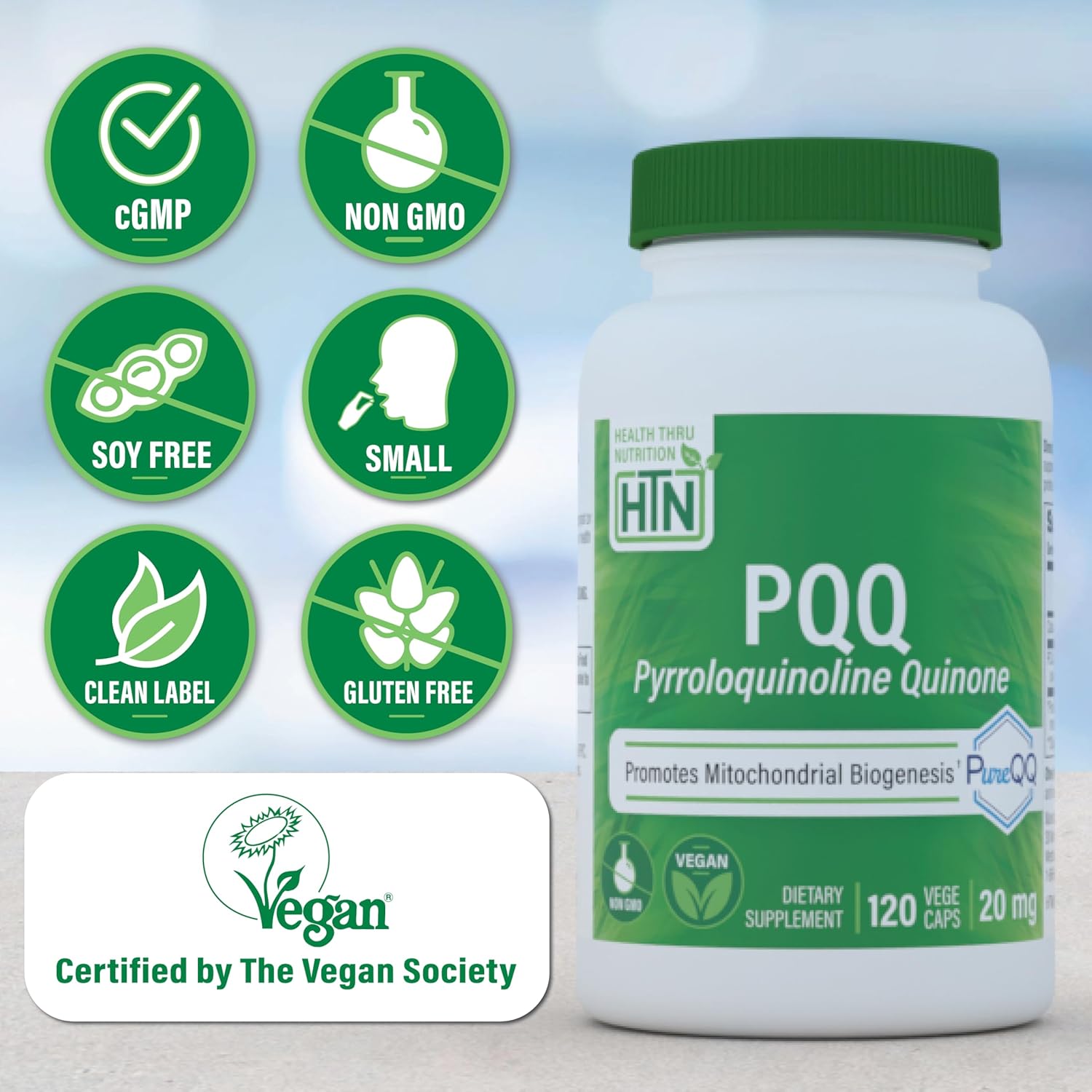 Back label of Health Thru Nutrition PQQ supplement detailing dietary ingredients and mitochondrial benefits.