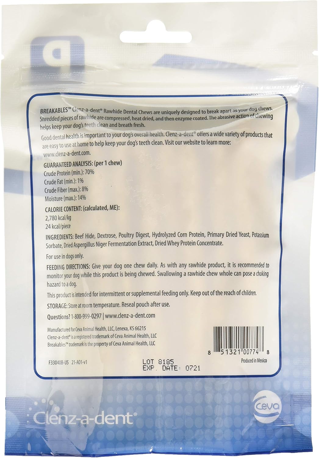 Ceva Animal Health dog enzymatic dental chews fifteen count pouch displaying feeding guidelines