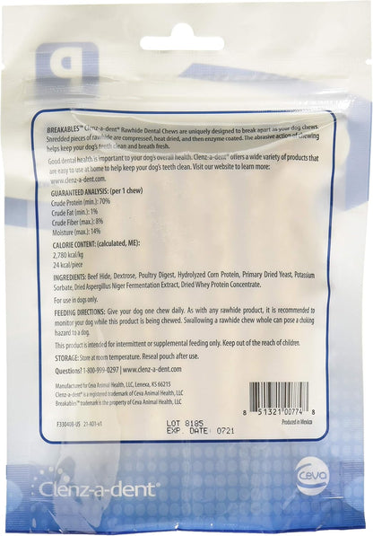 Ceva Animal Health dog enzymatic dental chews fifteen count pouch displaying feeding guidelines