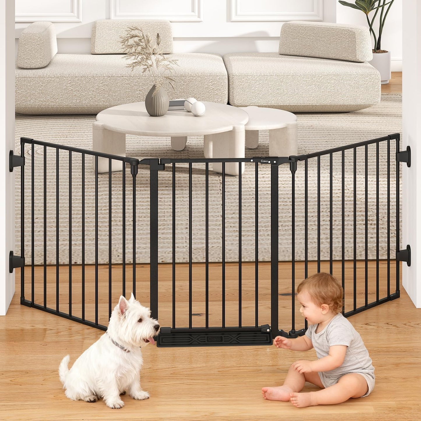 Cideny extra wide baby gate front view installed in a wide living room opening.