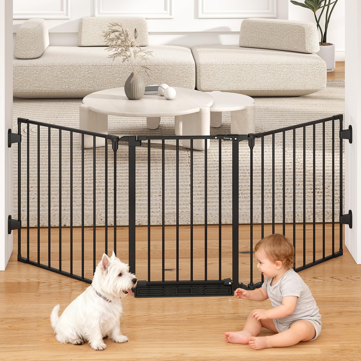 Cideny extra wide baby gate front view installed in a wide living room opening.