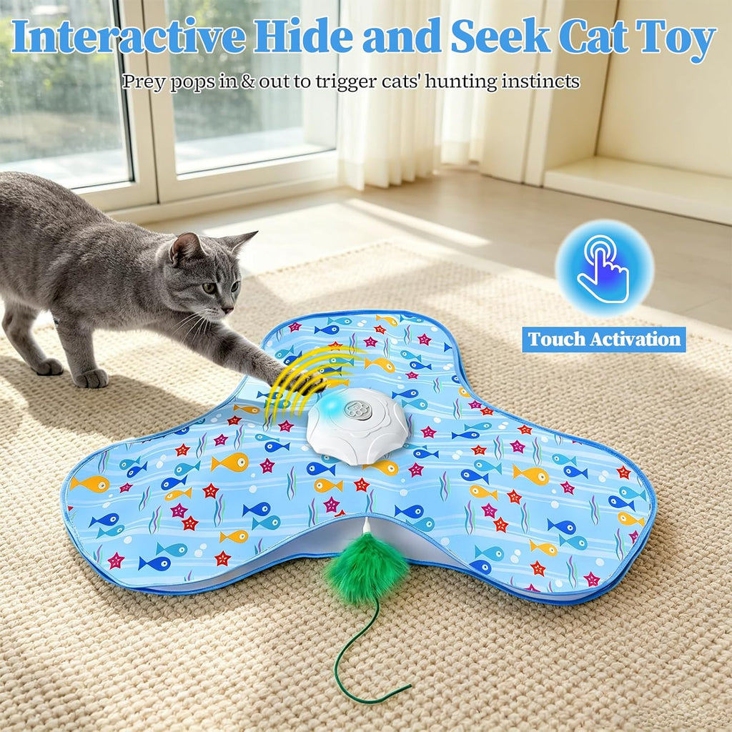 Orhomelife automatic hide and seek toy demonstrating the moving feather wand mechanism.