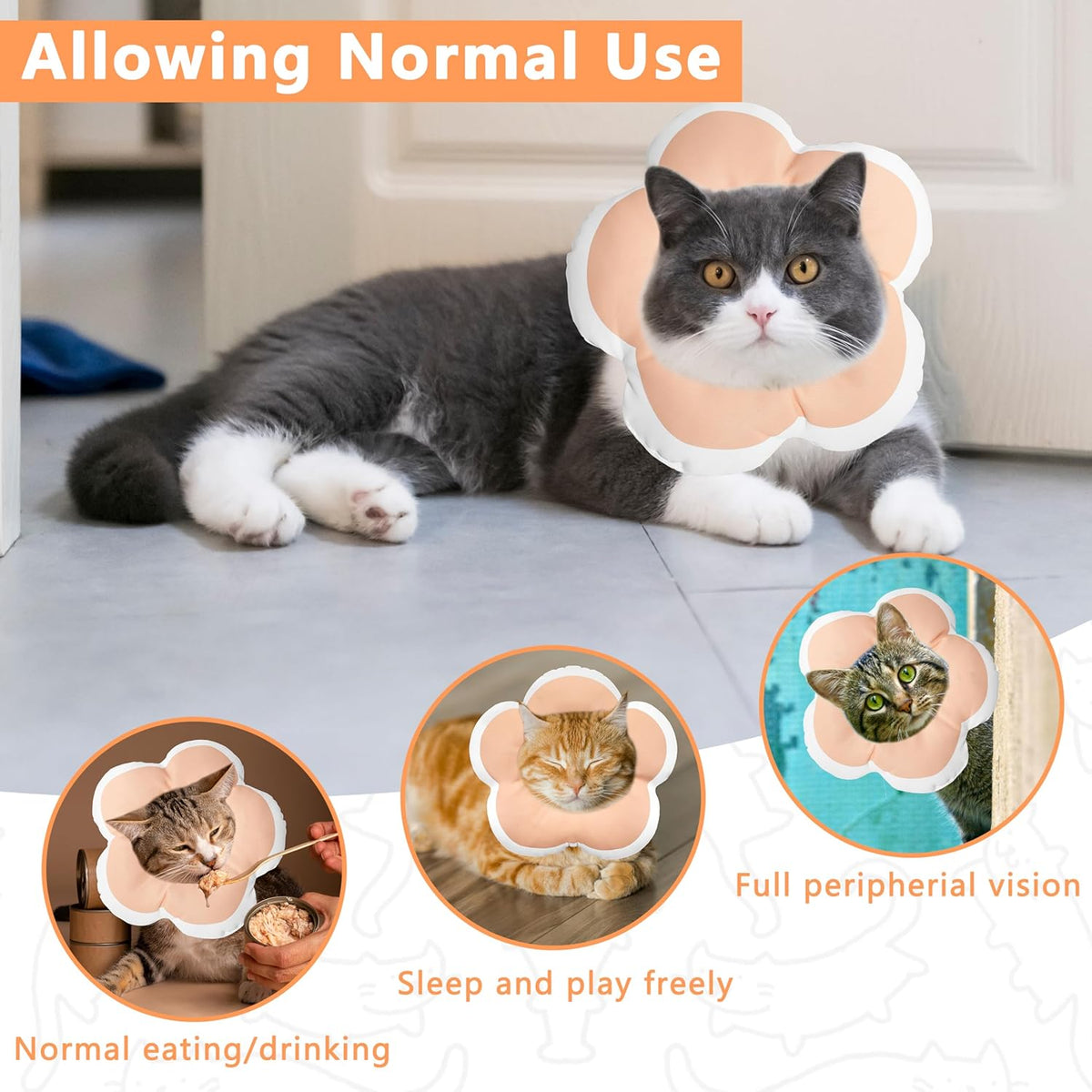 Soft plush orange flower recovery neck pillow for cats after surgery.
