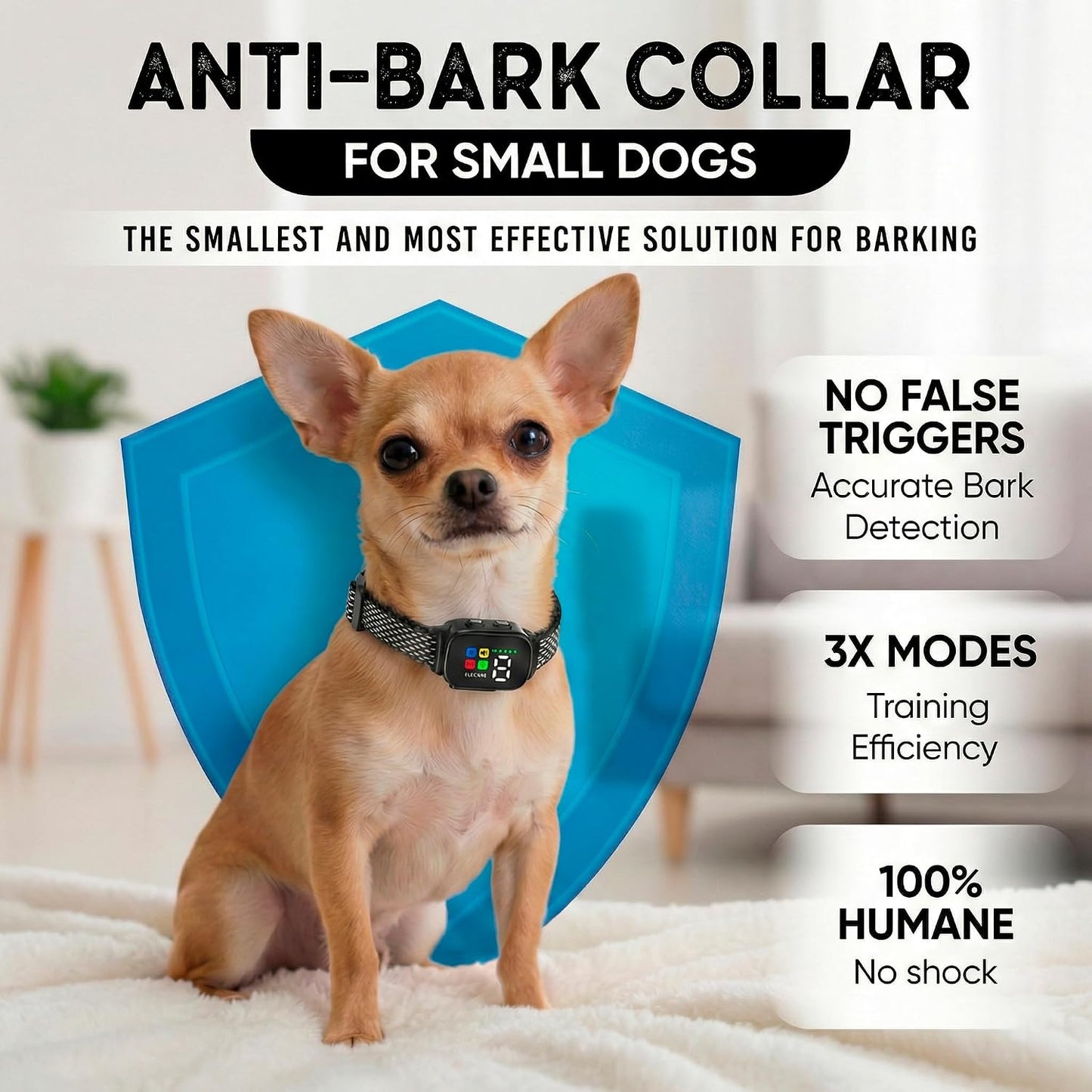 Elecane anti-bark collar showing digital sensitivity display
