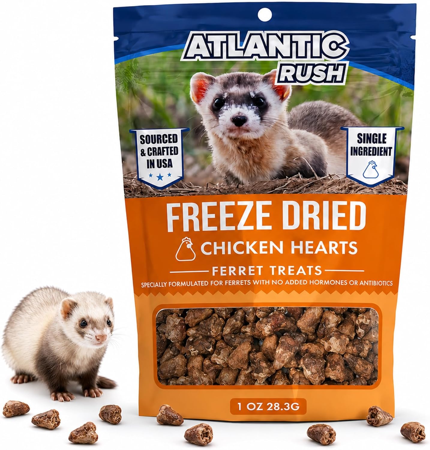 ThePamperedFerret freeze dried chicken heart small pet treats front pouch view