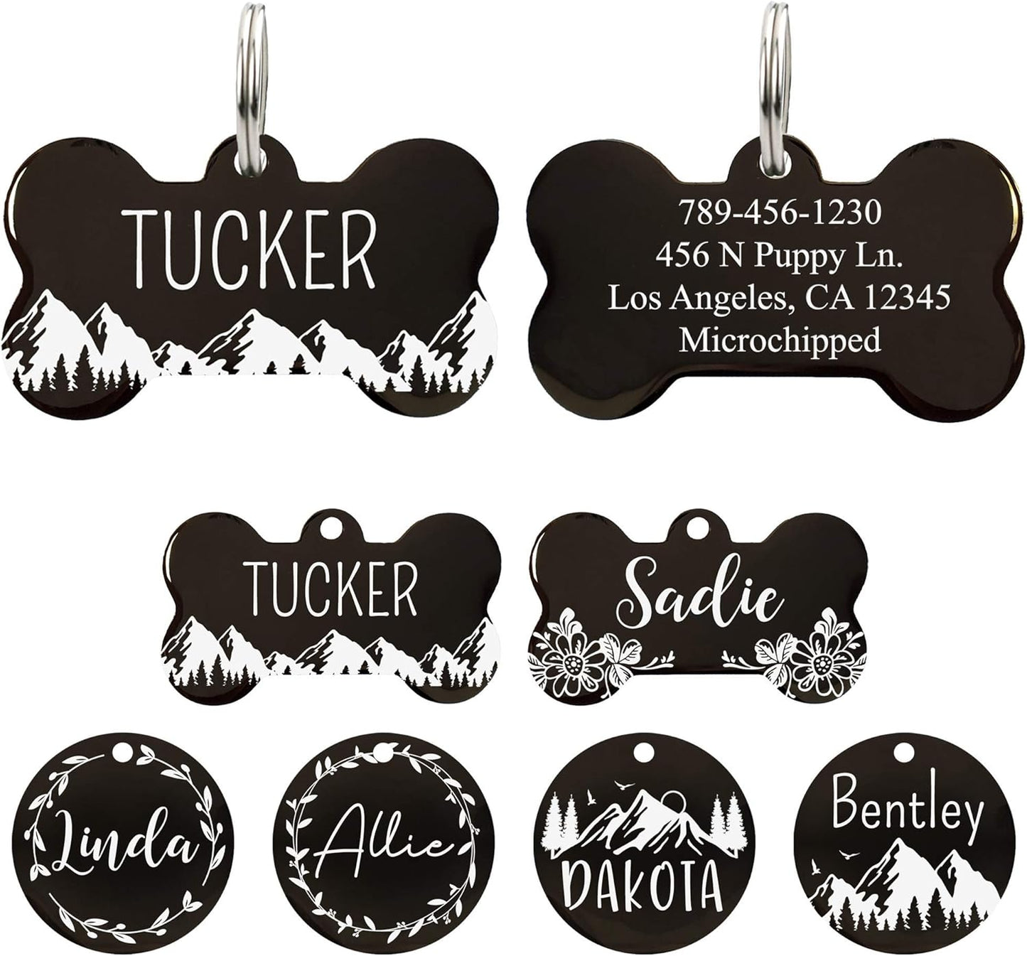 Ultra Joys Stainless Steel Pet ID Tag front view showing custom Tucker name and mountain engraving