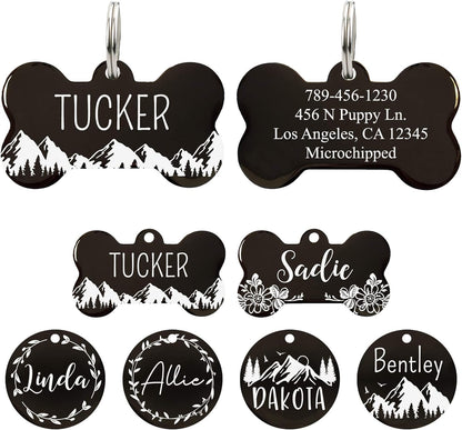 Ultra Joys Stainless Steel Pet ID Tag front view showing custom Tucker name and mountain engraving