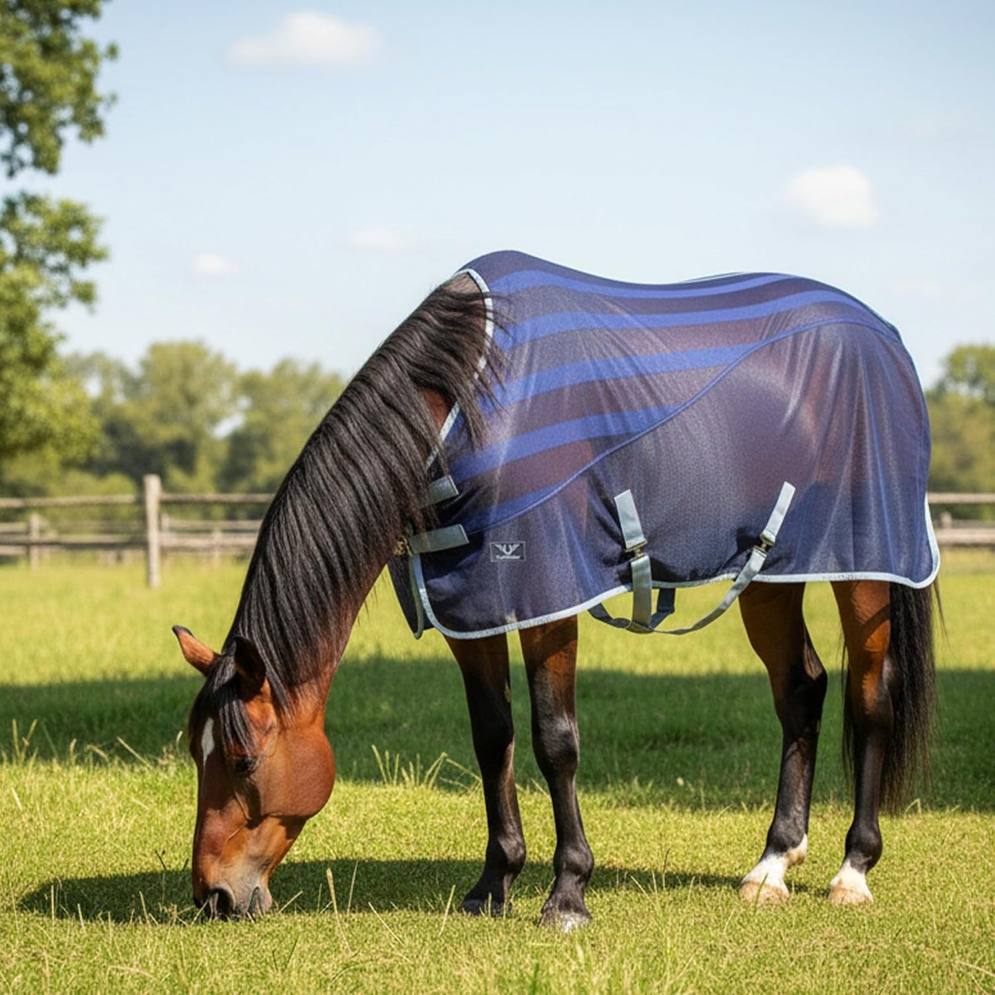 TuffRider Dual Fabric Scrim Sheet front view showing navy and grey hybrid mesh design on a horse