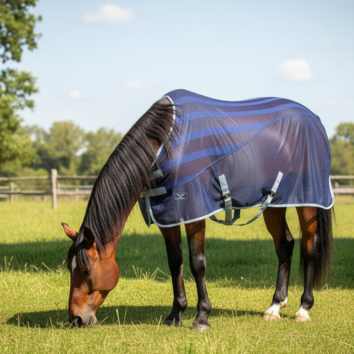 TuffRider Dual Fabric Scrim Sheet front view showing navy and grey hybrid mesh design on a horse
