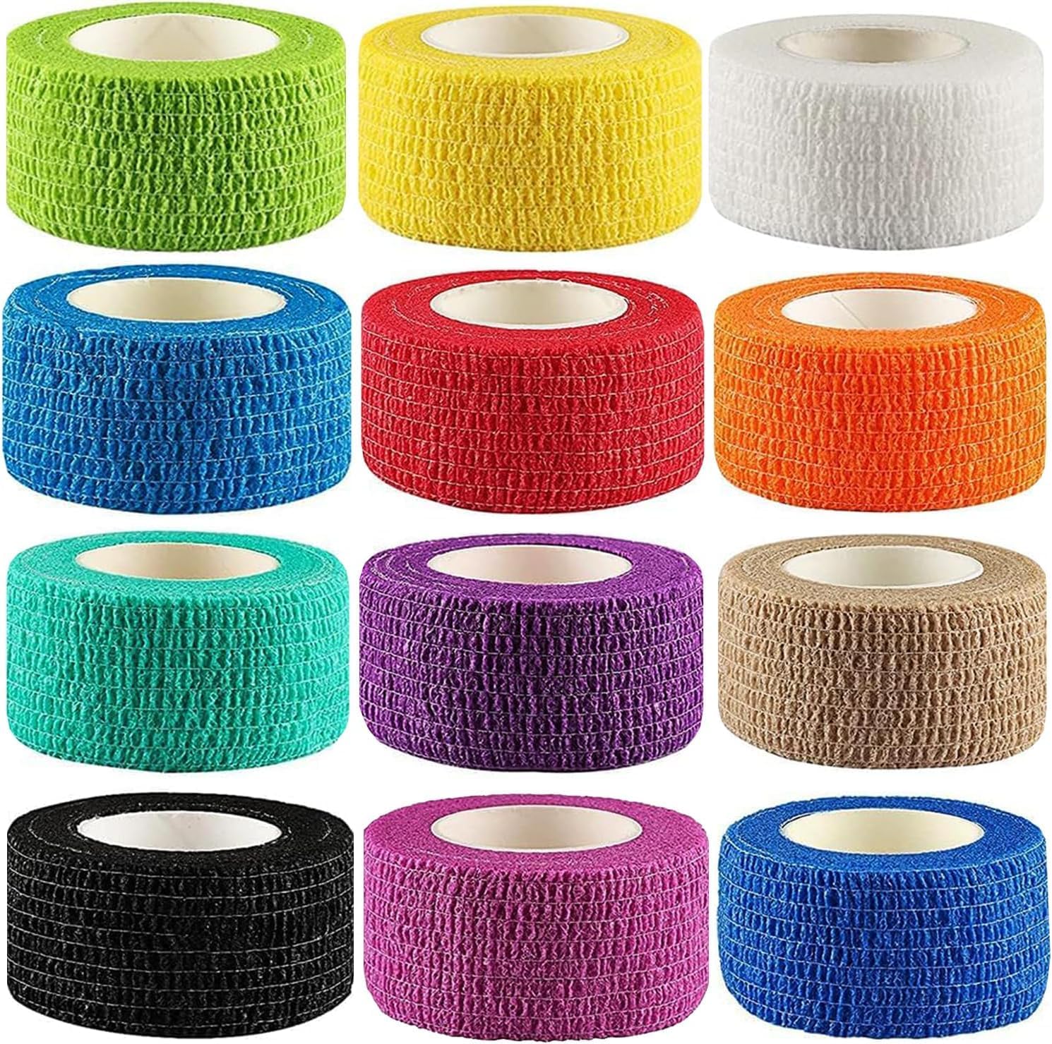 Kuvvfe self adhesive bandage wrap 12 pack front view showing assorted colors for sports injury support