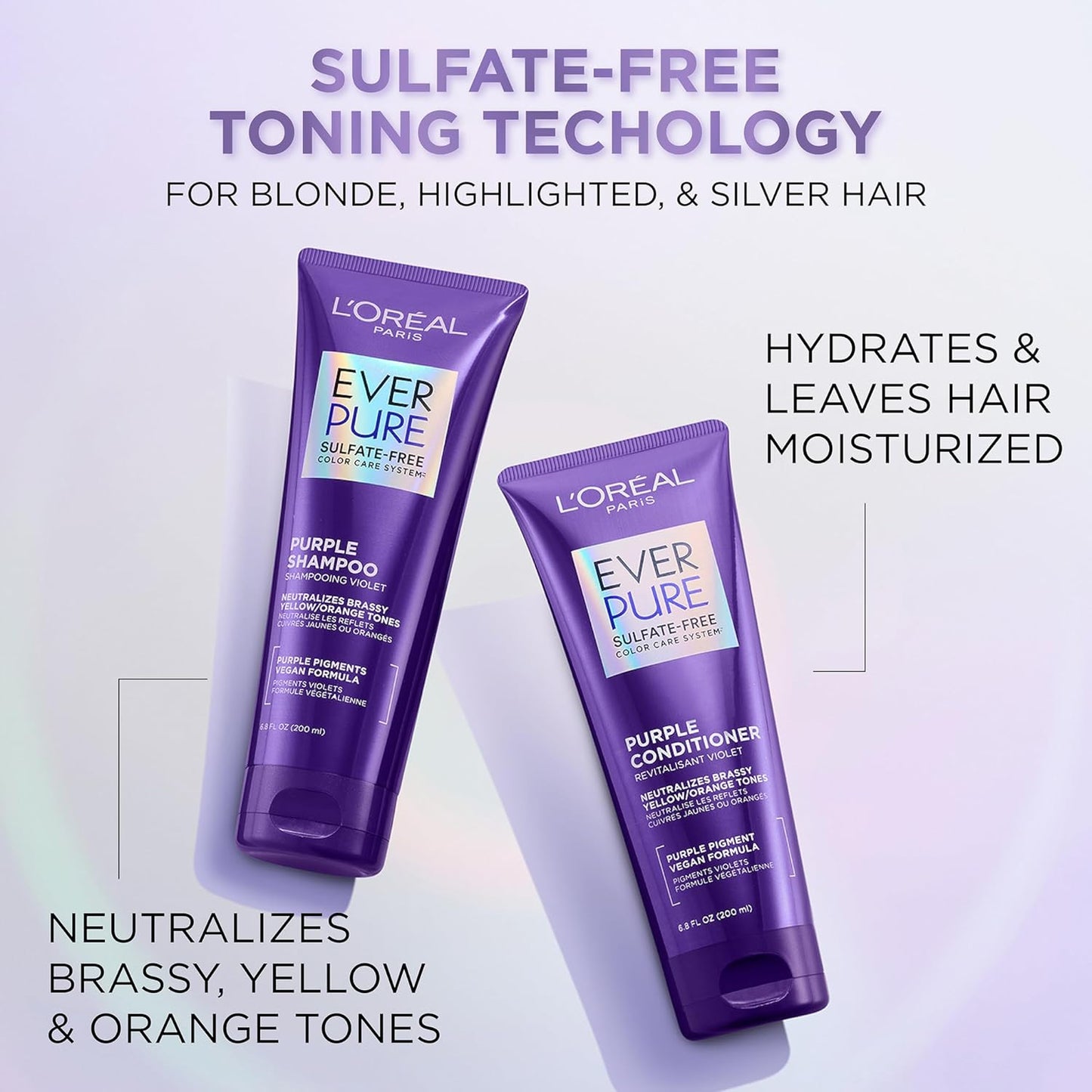 Side profile of 6.8 fluid ounce squeeze tube for blonde and silver hair care.