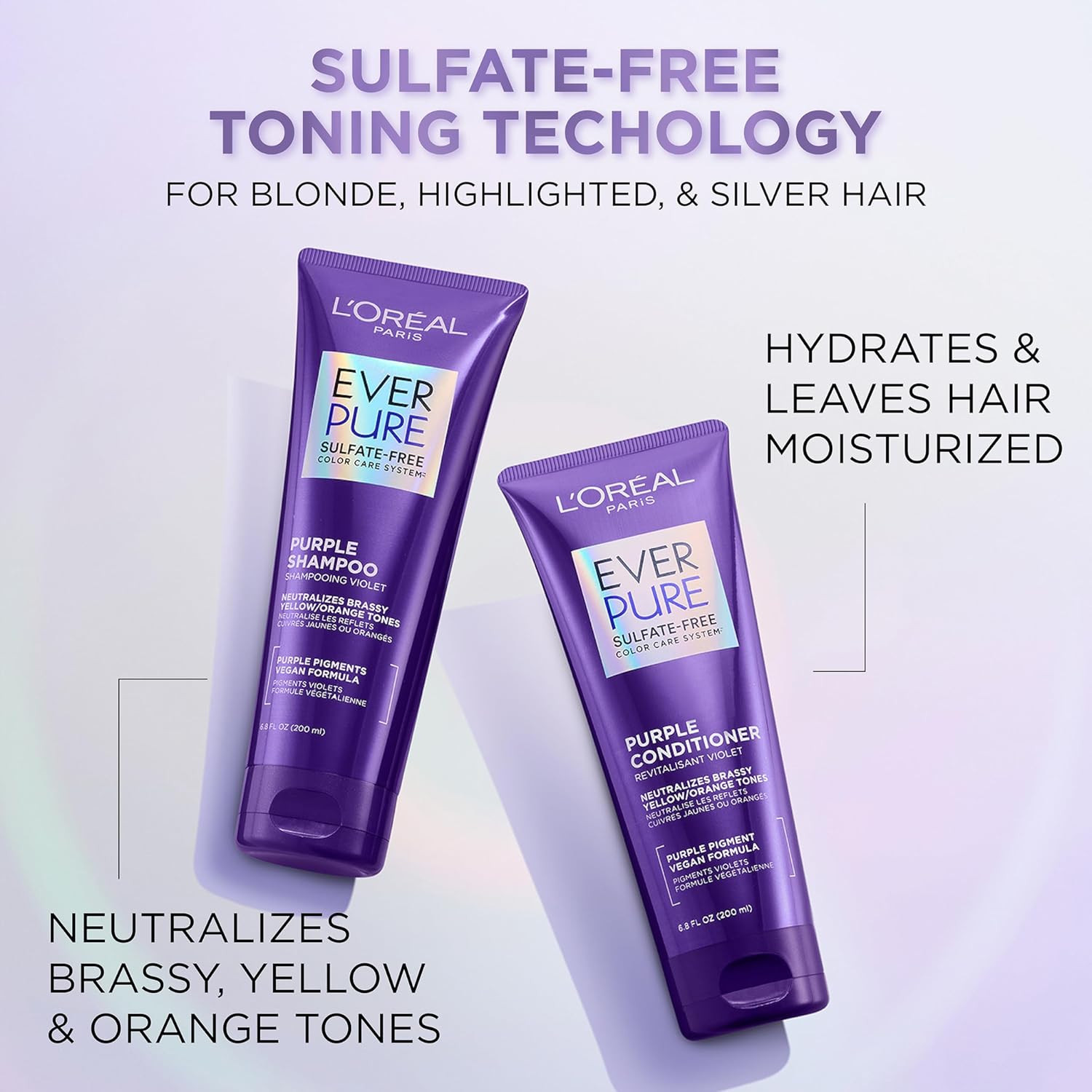 Side profile of 6.8 fluid ounce squeeze tube for blonde and silver hair care.