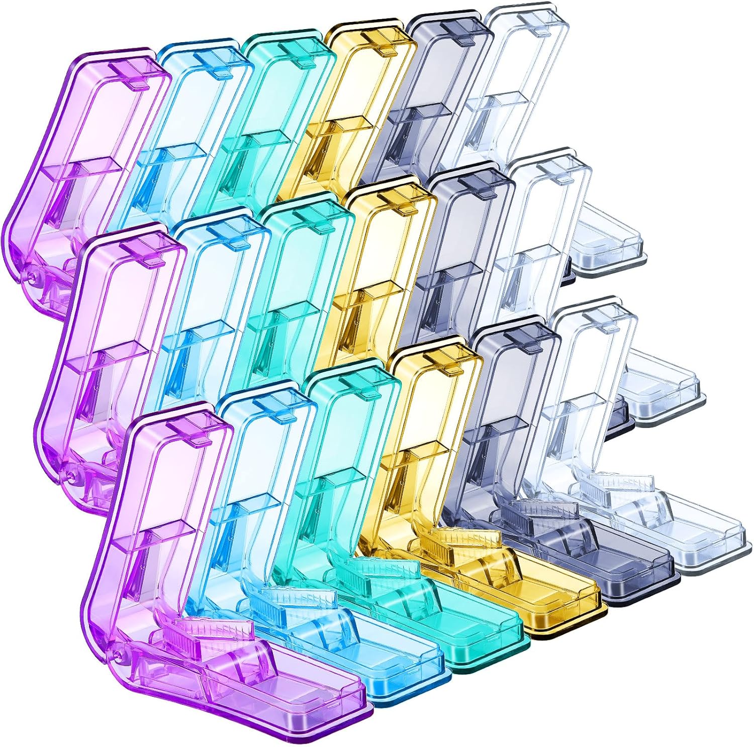 Nuanchu portable pill cutter twelve pack front view showing multiple bright colors.