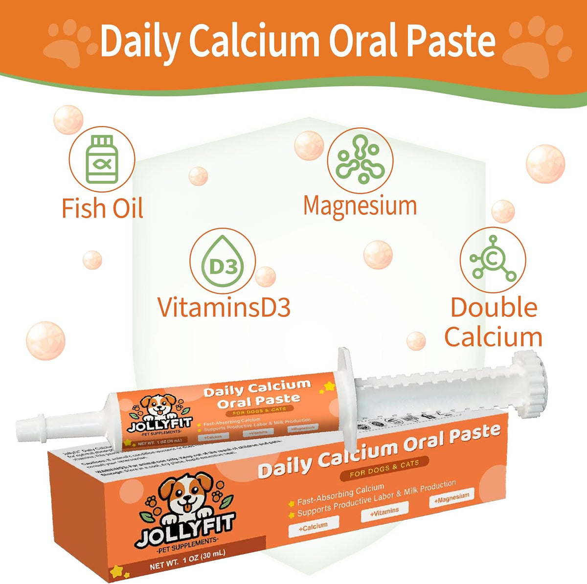 Fast absorbing pet calcium supplement syringe for labor support