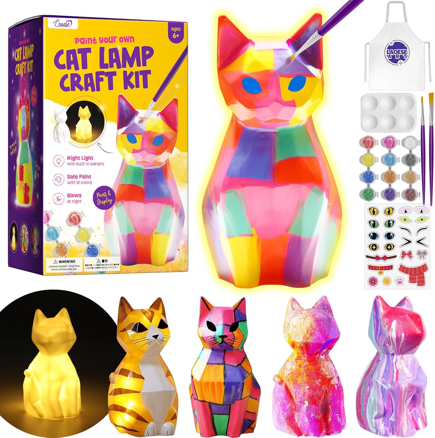 LAOESE Paint Your Own Cat Lamp Kit front view showing the blank white cat figurine next to the twelve colorful acrylic paint pots.