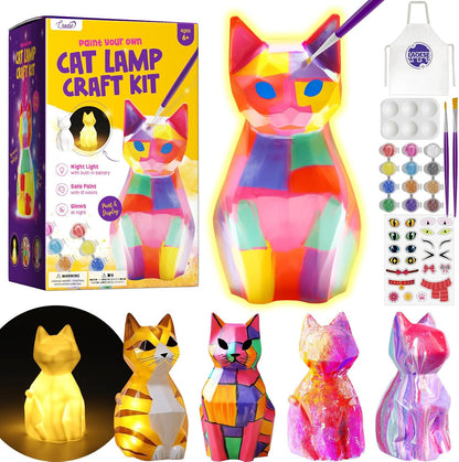 LAOESE Paint Your Own Cat Lamp Kit front view showing the blank white cat figurine next to the twelve colorful acrylic paint pots.