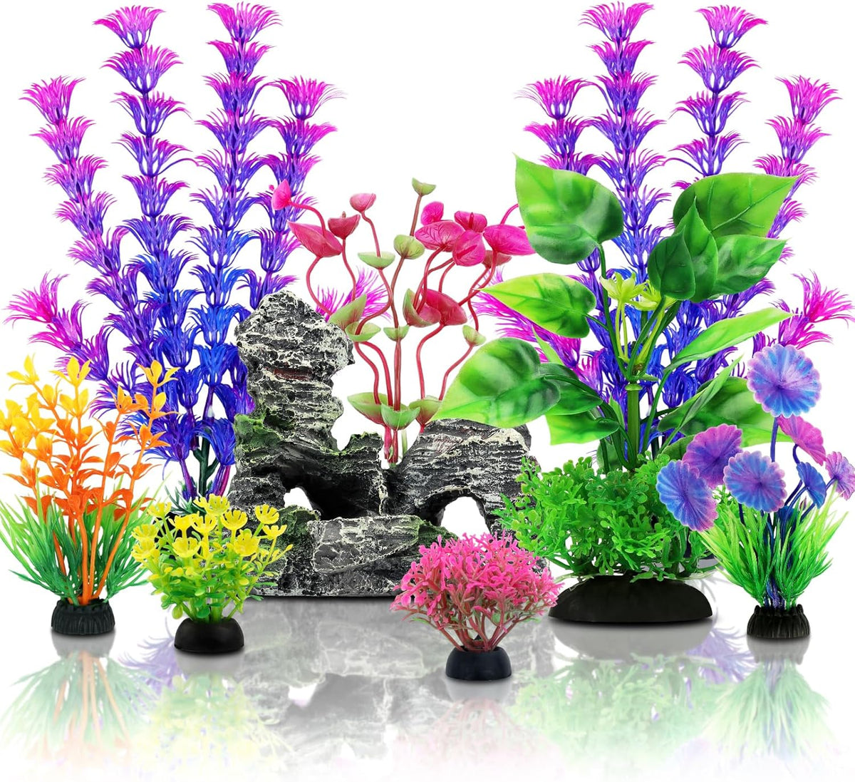 QUOZUO fish tank accessories set front view featuring colorful artificial plants and a resin cave rock.