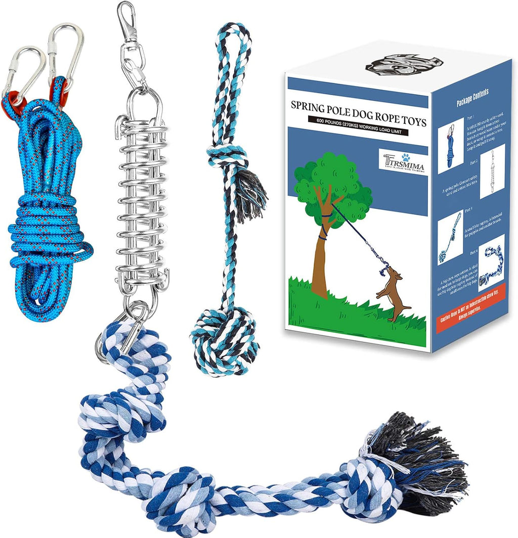 TT TRSMIMA Spring Pole Dog Rope Toys front view of the full outdoor setup kit