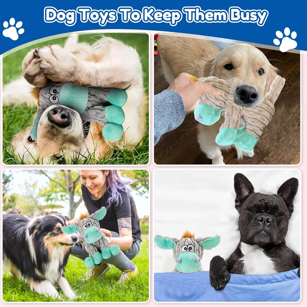 Large dog holding Loncoldy plush toy in mouth