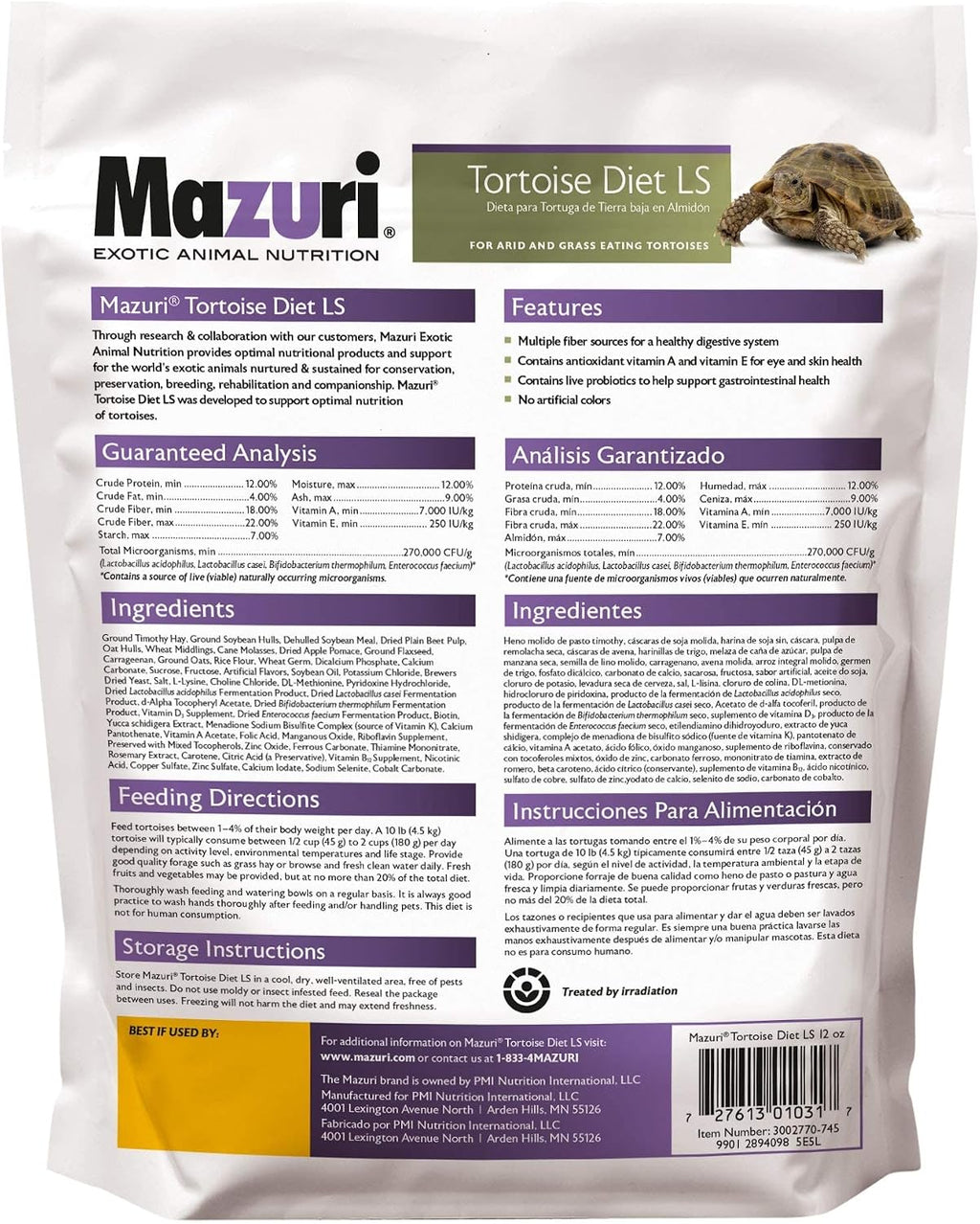 Mazuri high fiber tortoise pellet food bag side profile