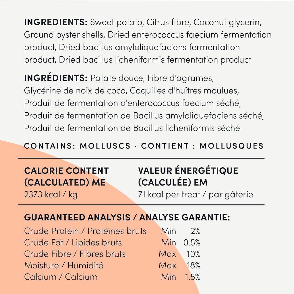 Back of packaging showing dental health information and feeding guide