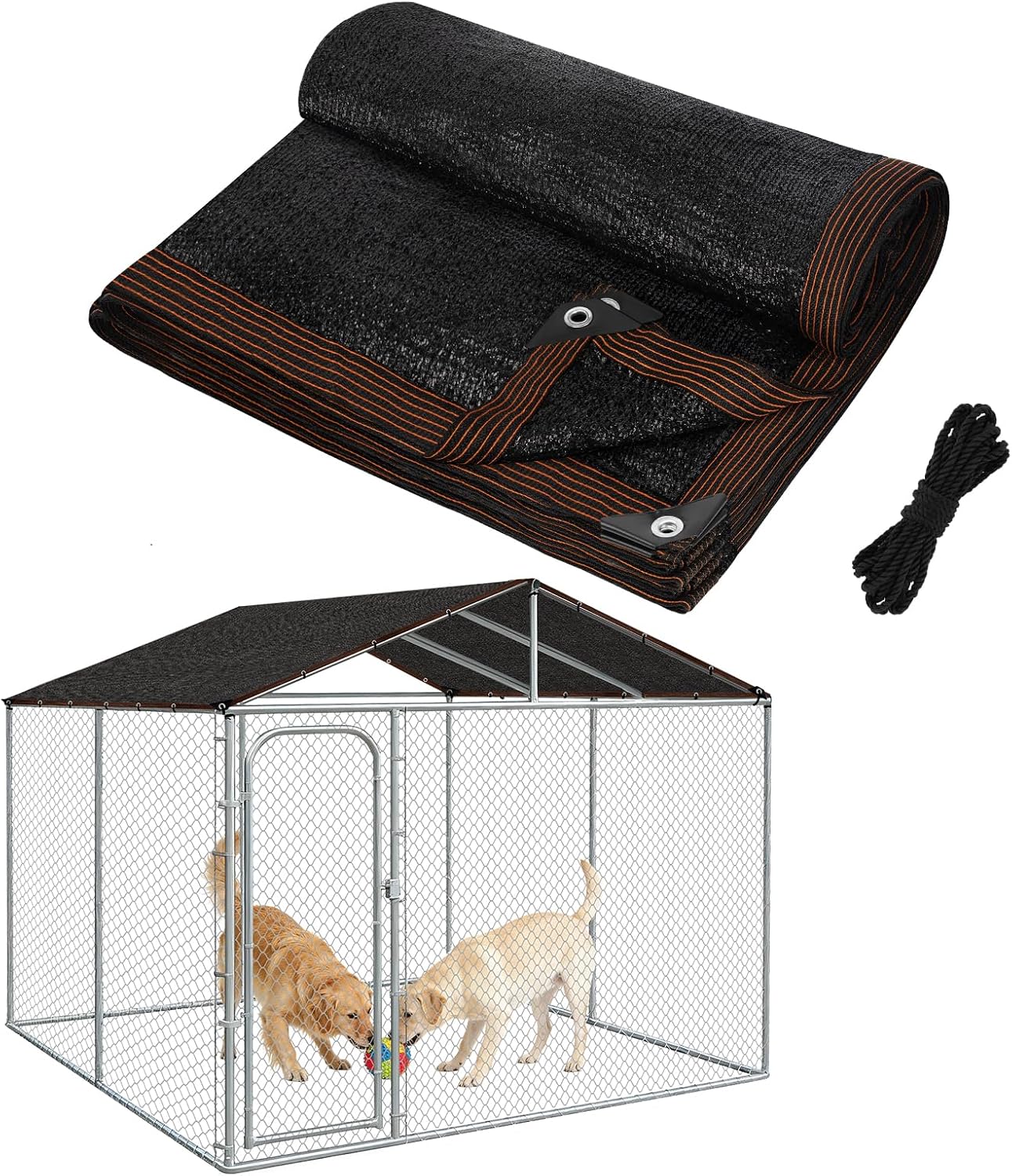 MEWTOGO High Density Dog Kennel Shade Cover front view showcasing the black mesh fabric covering an outdoor pet run.