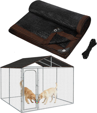 MEWTOGO High Density Dog Kennel Shade Cover front view showcasing the black mesh fabric covering an outdoor pet run.